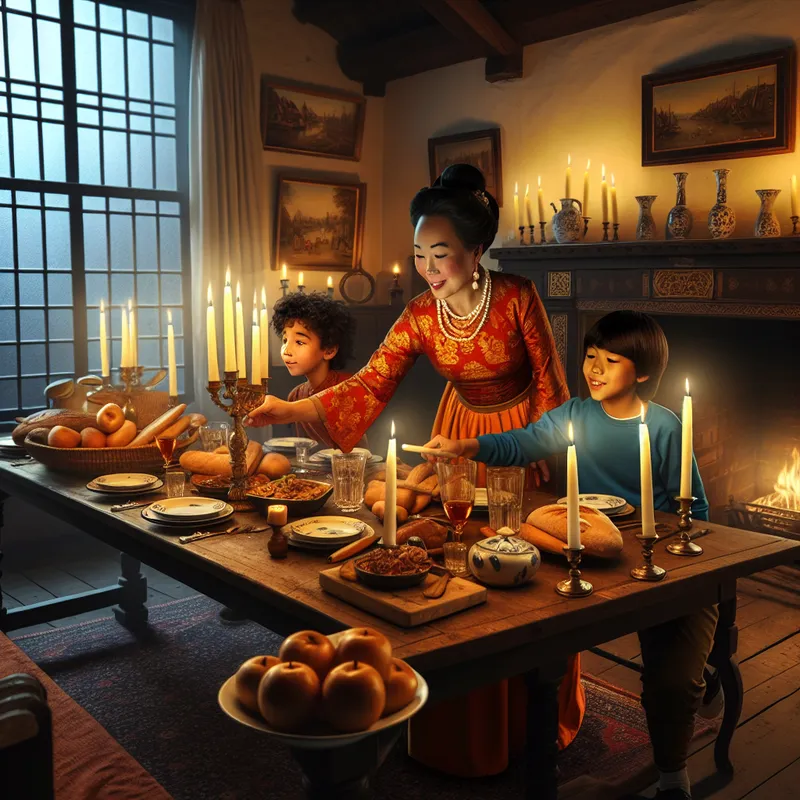 Een vrouw steekt kaarsen aan op een houten eettafel, omringd door kinderen die de tafel dekken, in een gezellige eetkamer bij schemering.