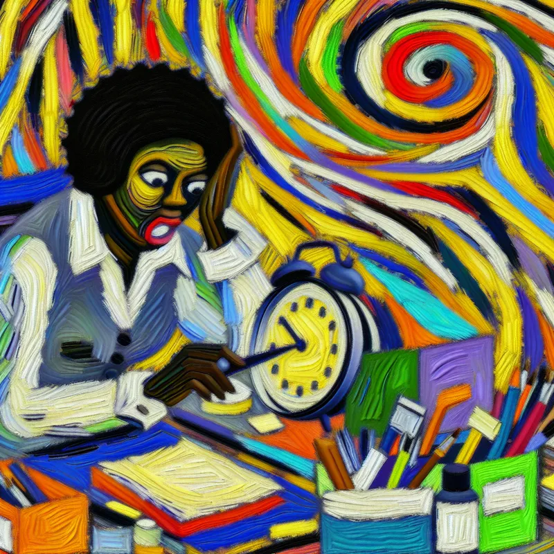 Abstracte afbeelding van een vrouw aan een rommelig bureau, omringd door kantoorbenodigdheden, met smeltende klokwijzers.