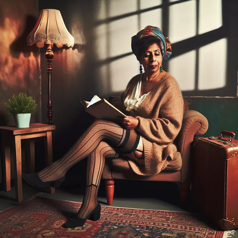 Vrouw in een gezellige kamer met steunkousen, die een boek leest met een koffer naast zich.