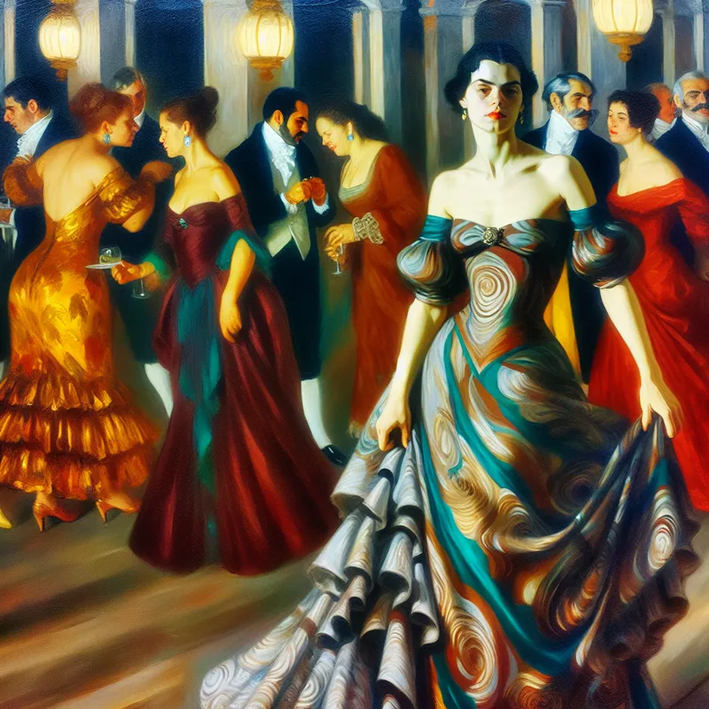 Vrouw in een stijlvol, vloeiend jurk op een luxe feest met elegant geklede gasten op de achtergrond.