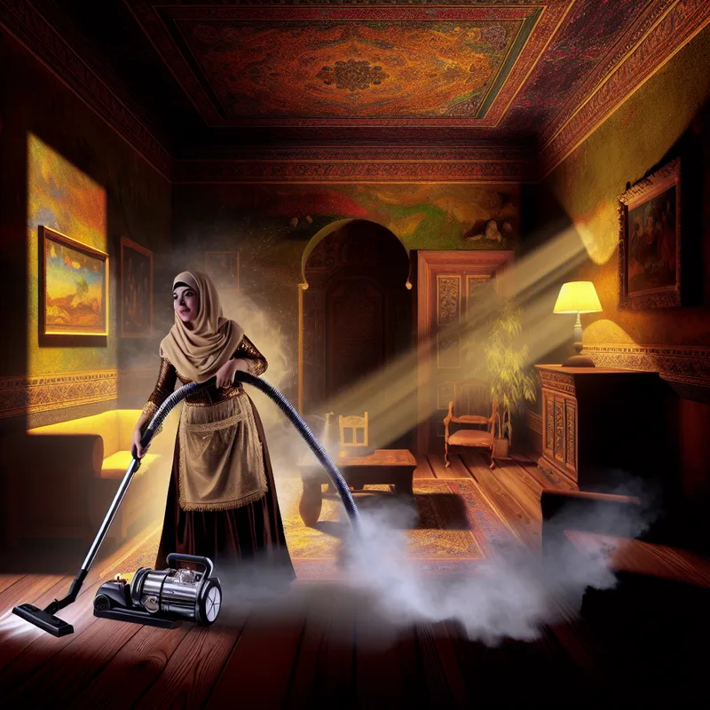 Een vrouw stofzuigt enthousiast de vloer van een sfeervolle woonkamer vol gothic elementen