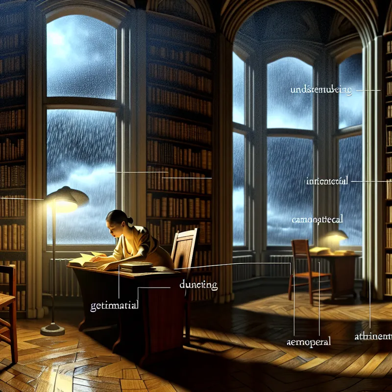 Vrouw die geconcentreerd studeert aan een groot bureau in een sfeervolle kamer met boekenplanken, terwijl het hard regent buiten.