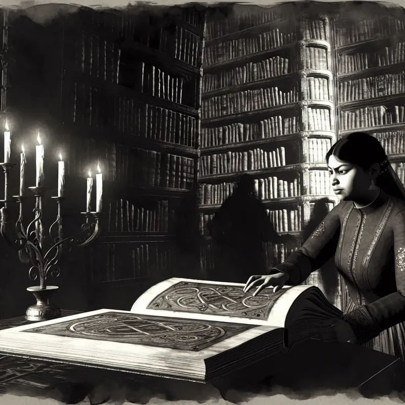 Vrouw die geconcentreerd een verlicht manuscript bestudeert in een gotische bibliotheek.