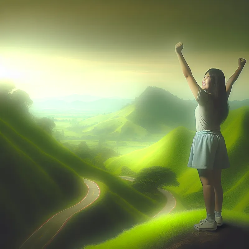 Een jonge vrouw staat triomfantelijk op de top van een groene heuvel, met opgeheven armen in een viering van haar succes na een lange hike.