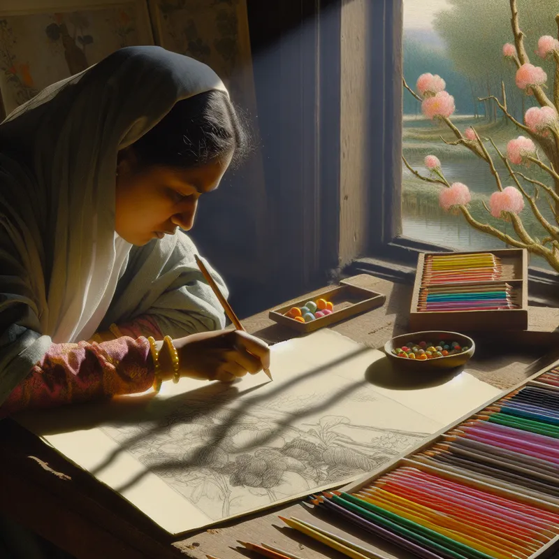 Vrouw die geconcentreerd een tekening maakt van bloemen en landschappen aan een houten tafel bij een zonovergoten raam, omringd door kleurpotloden en schetsboeken.