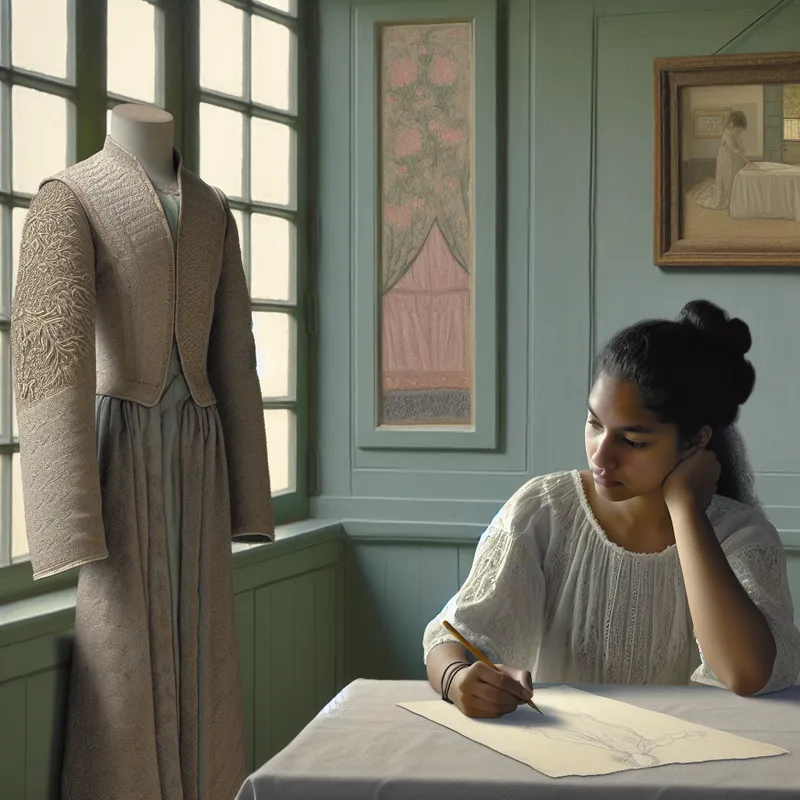 Jonge vrouw tekent aan een tafel terwijl ze kijkt naar een elegant kledingstuk van een beroemde ontwerper in een serene Nederlandse interieur.