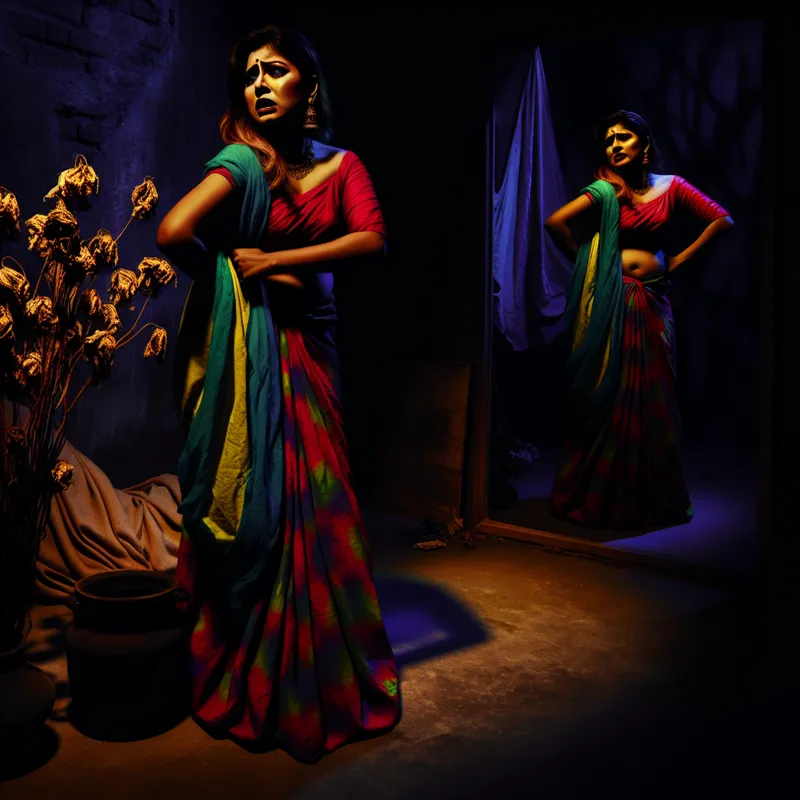 Een vrouw met een verdrietige uitstraling staat alleen in een donkere omgeving, omringd door verwelkte bloemen, wat verloren hoop symboliseert.