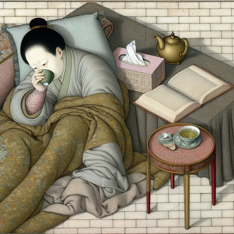 Een zieke vrouw zittend in een comfortabele stoel met een kopje thee.