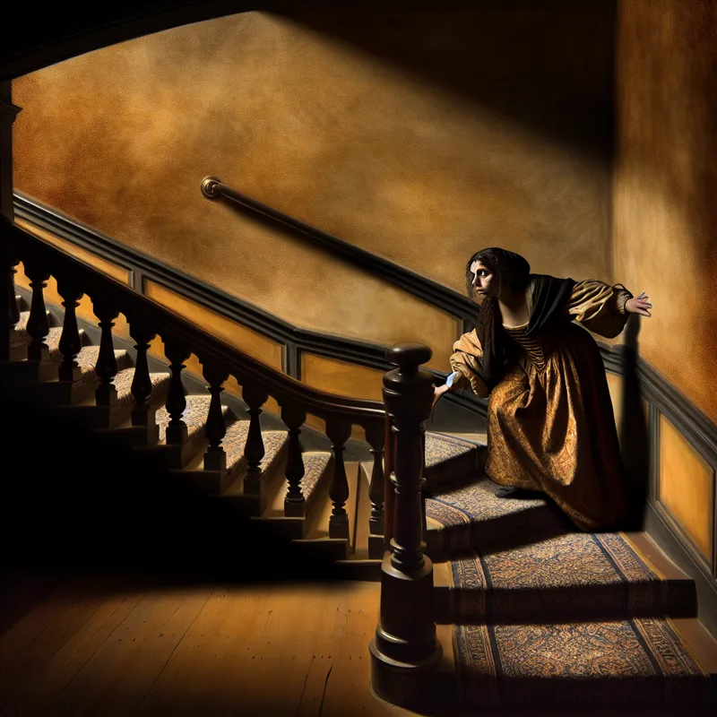 Vrouw die met zorg een grote trap afdaalt in een oude Nederlandse villa, lichteffecten op haar gezicht.