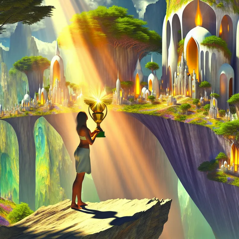 Een vrouw staat triomfantelijk op een klif met een gouden trofee, uitkijkend over een heldere lucht en een surrealistisch landschap.