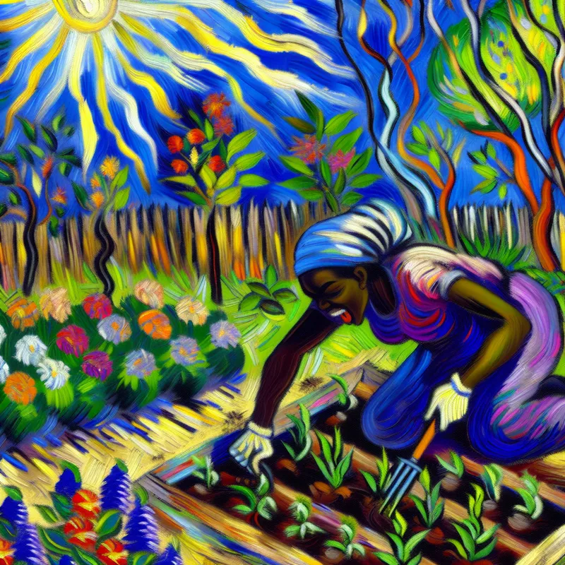 Vrouw die enthousiast een bloembed onderhoudt in een levendige tuin, omringd door groene planten en kleurrijke bloemen.