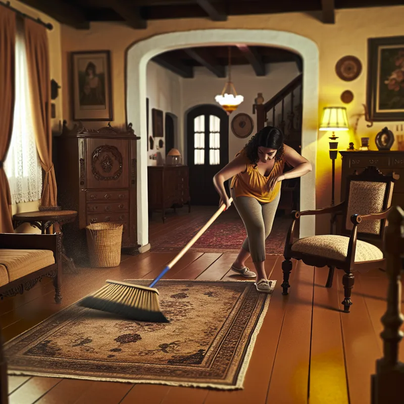 Een vrouw die de vloer veegt met een bezem in een luxe woonkamer