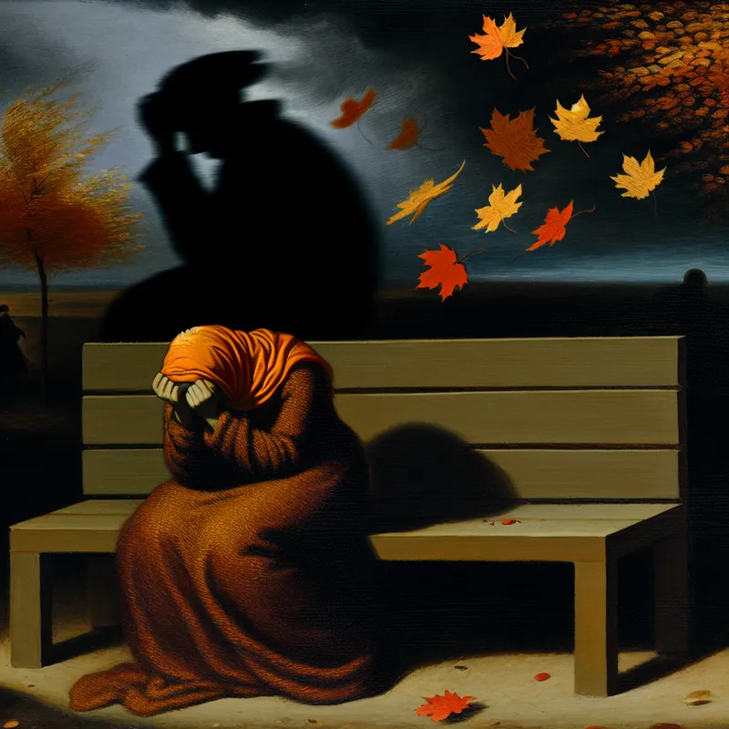 Een vrouw zit op een bankje in een donker park, met haar gezicht in haar handen, buiten zichten van verdriet en pijn.