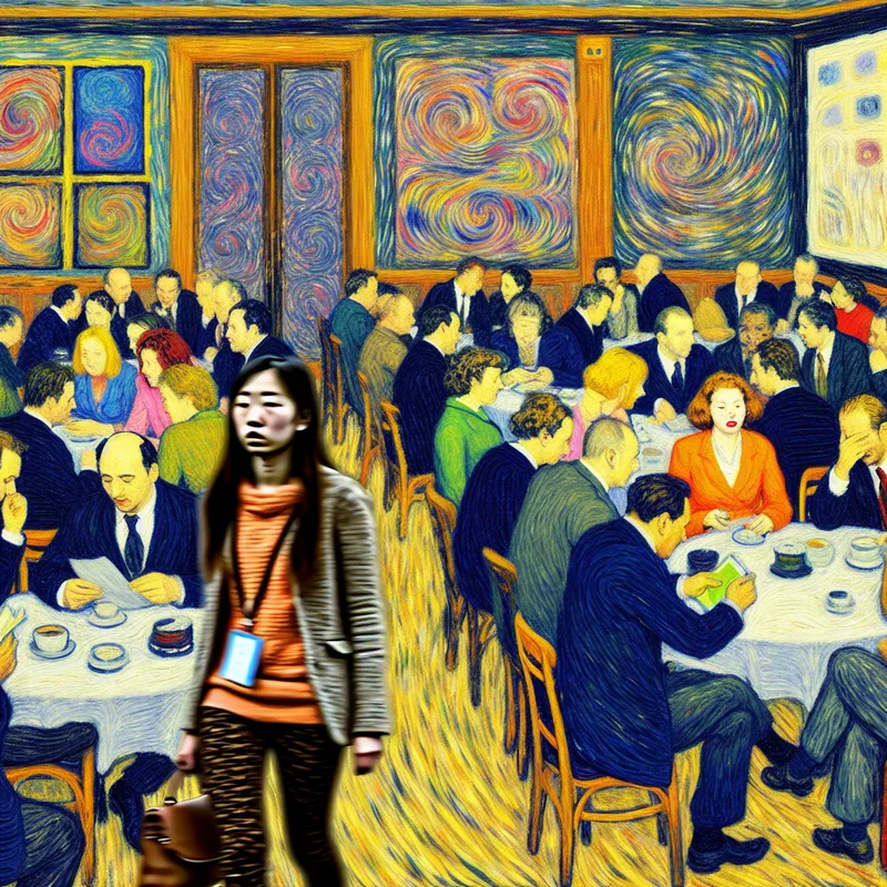 Een vrouw verlaat stil een levendige vergaderruimte vol mensen in gesprek, met kleurrijke posters op de muren.