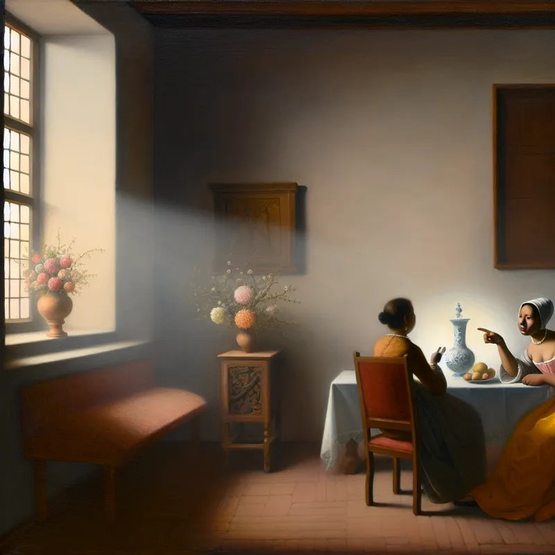 Een vrouw in een rustige kamer met diffuus licht, die een gesprek voert maar een bepaald onderwerp vermijdt.