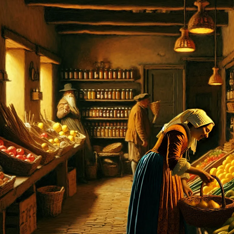 Een vrouw in vintage kleding kiest vrolijk verse producten in een rustieke supermarkt tijdens het gouden uur.