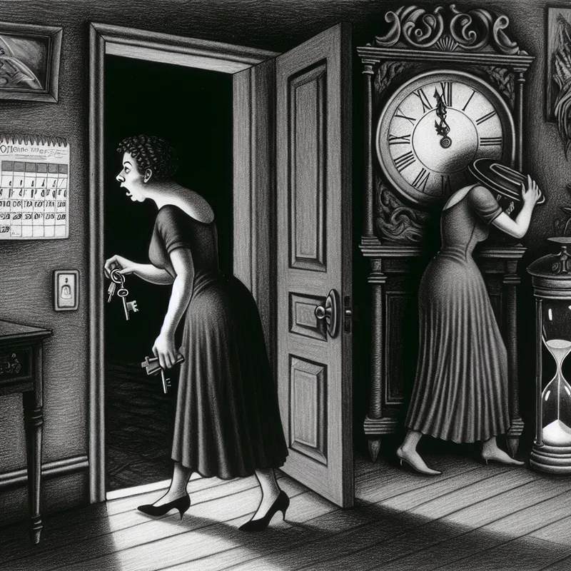 Vrouw staat klaar om naar de winkel te gaan, met sleutels in hand en urgente blik, omringd door symbolen van tijd in een gotische kamer.