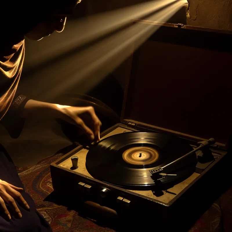 Een vrouw plaatst een vinylplaat op een vintage platenspeler in een sfeervolle, romantische kamer