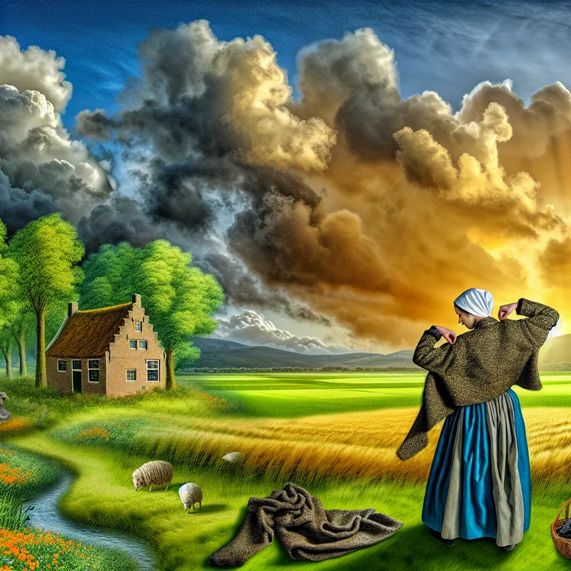 Vrouw die haar jas aantrekt in een weelderig platteland, met een dramatische lucht en een kleurrijke zonsondergang.