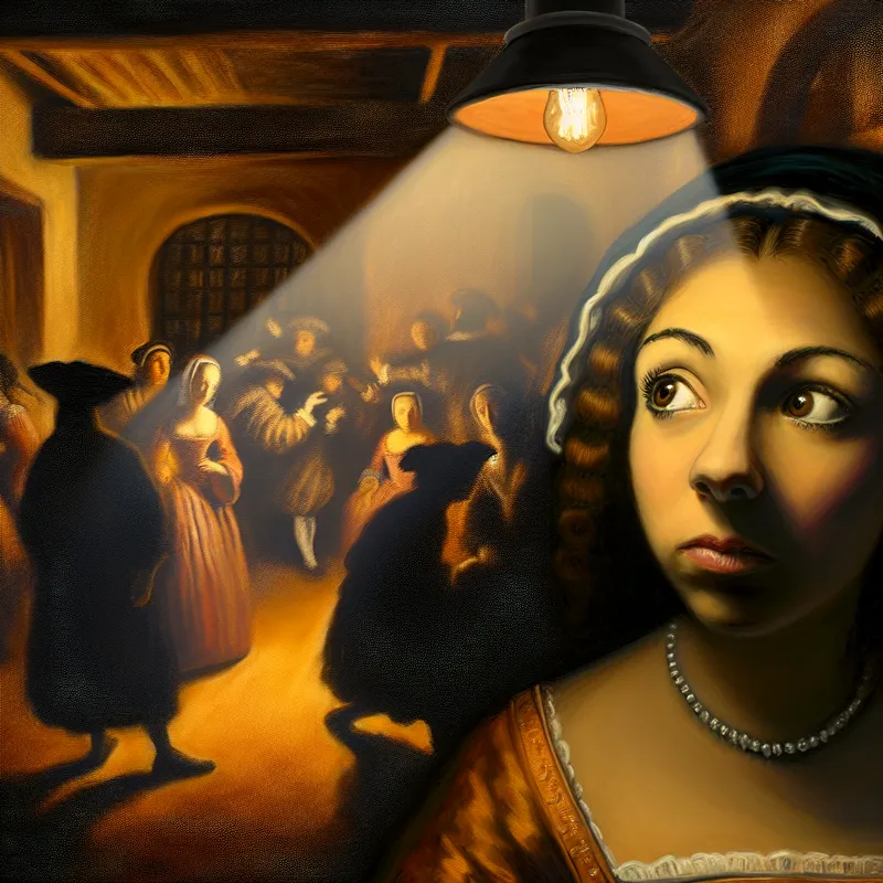 Vrouw met een vragende blik in 17e-eeuwse kleding, verlicht door een warme straal licht in een schemerige kamer.