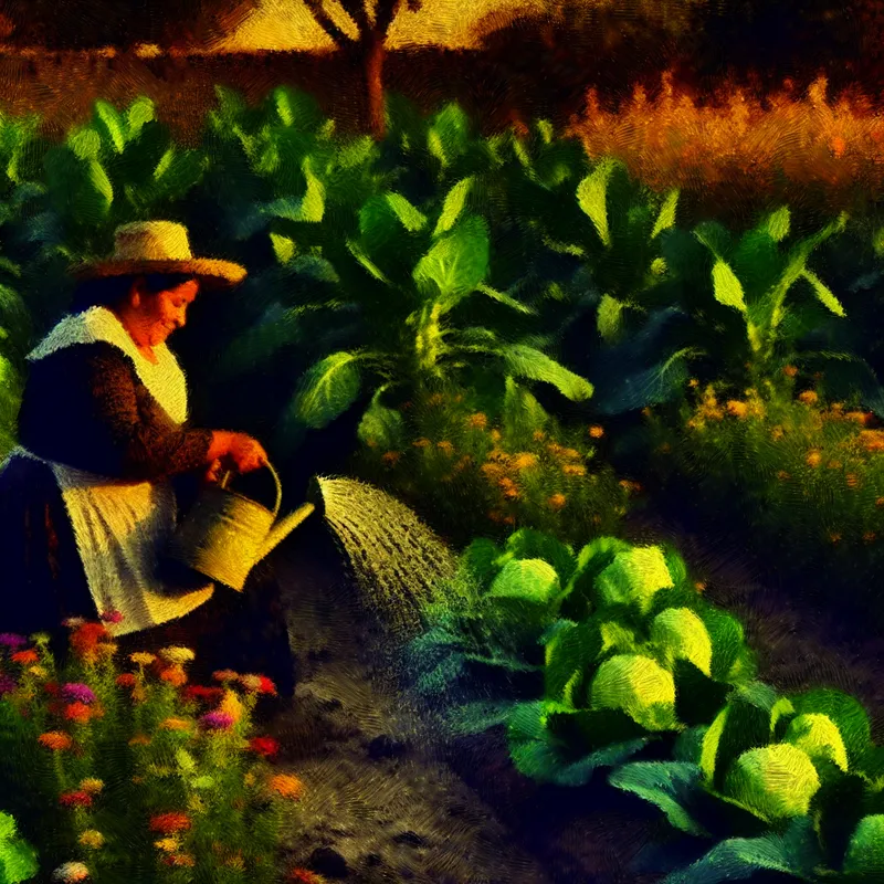 Vrouw die haar planten water geeft in een groene groentetuin tijdens zonsondergang.