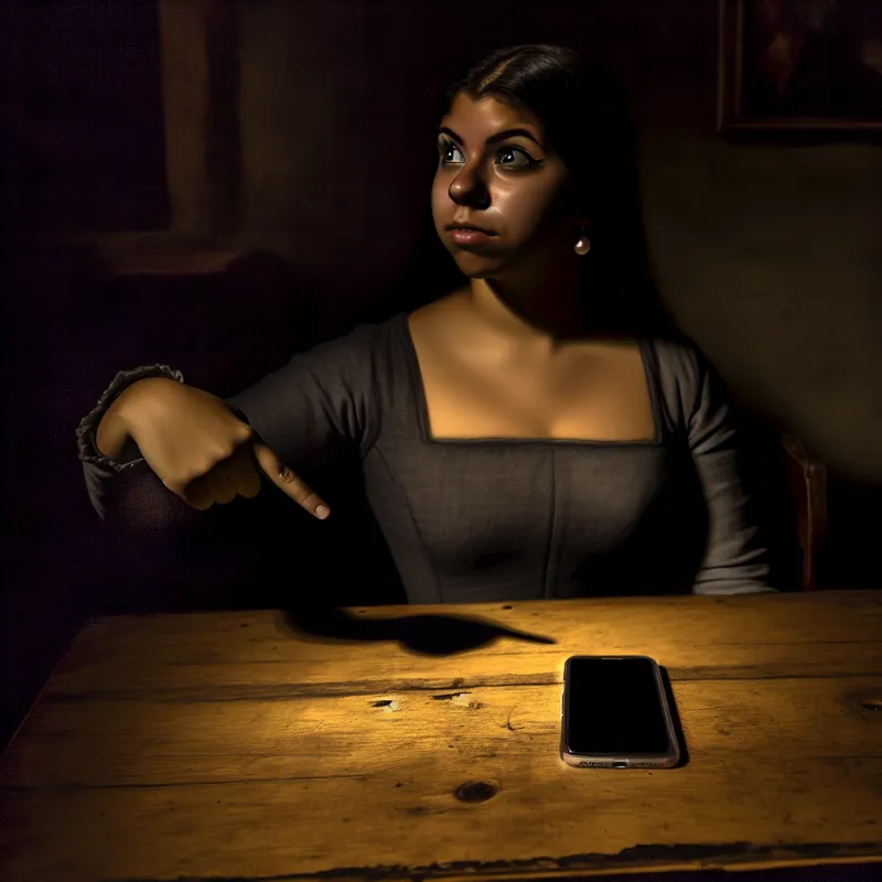 Een jonge vrouw in een donkere ruimte wijst naar een smartphone op een houten tafel