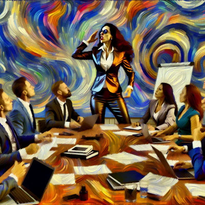 Vrouw in stijlvolle zakelijke kleding die actief deelneemt aan een vergadering met diverse collega's.