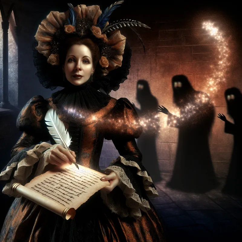 Een vrouw in een duistere, gotische kamer stuurt een stralende boodschap van hoop met een veren quill.