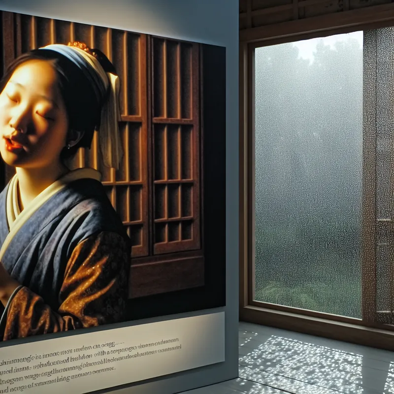 Jonge vrouw die zingt bij het raam terwijl regenpatronen zichtbaar zijn