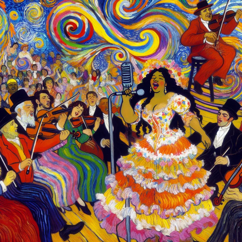 Vrouw in vintage jurk zingt op een levendig podium, omringd door muzikanten met lichte instrumenten in een kleurrijke operette setting.