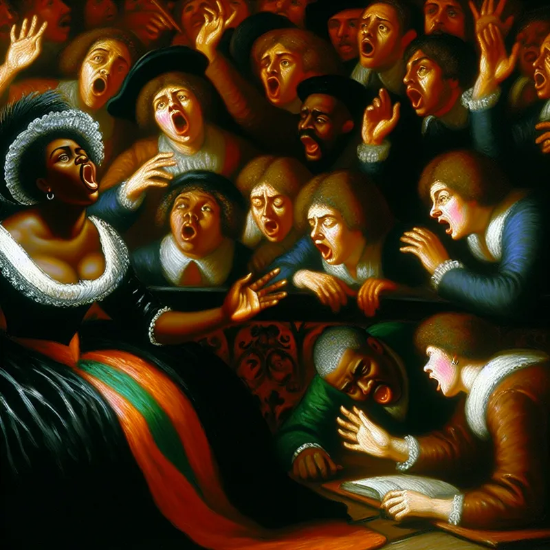 Vrouw op het podium die een krachtige noot zingt met een open mond, het publiek is enthousiast en applaudisseert.