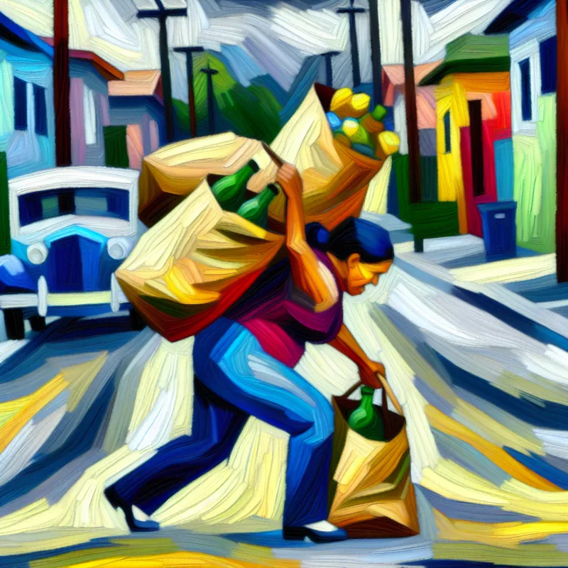 Vrouw die moeite heeft met het dragen van zware boodschappentassen die overvol zijn.