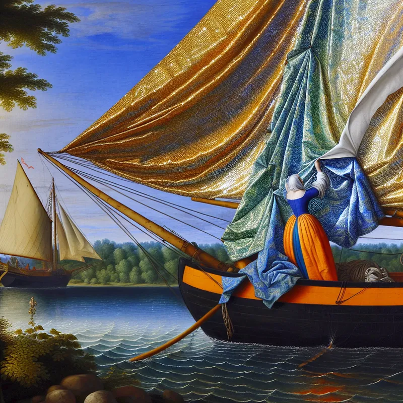 Een vrouw die de zeilen aanpast op een zeilboot in rustige wateren, omringd door groen en een blauwe lucht.