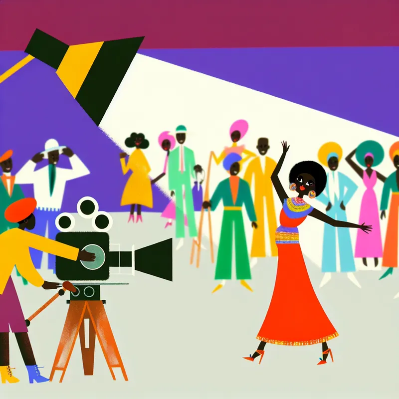 Illustratie van een vrouwelijke actrice op een filmset, stralend en speels, met een filmcrew op de achtergrond