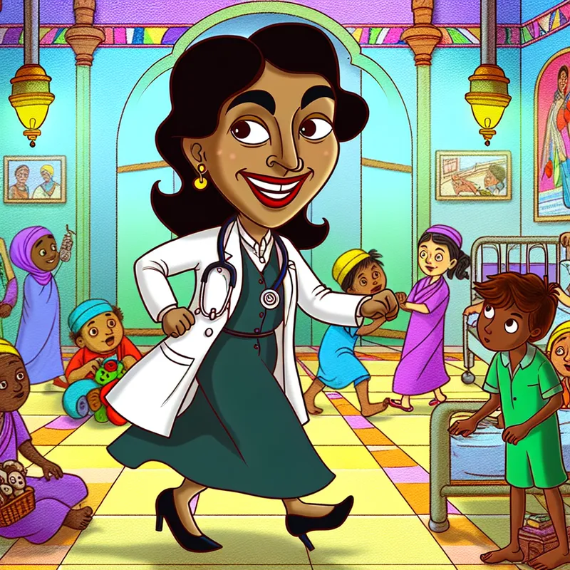 Vrolijke cartoon van een vrouwelijke arts in een levendig ziekenhuis met kinderen die spelen