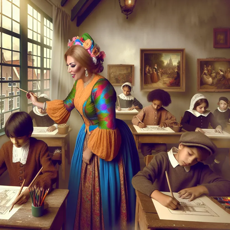 Ondersteunende vrouwelijke assistent in vintage klaslokaal helpt een kind met tekenen, omringd door blije kinderen die schilderen en lezen.