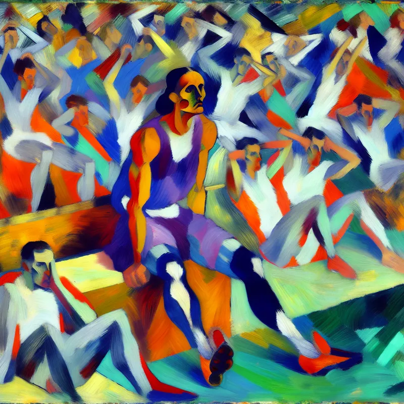 Abstracte afbeelding van een vrouwelijke atleet aan de zijlijn van een sportwedstrijd, die er dejected en contemplatief uitziet.