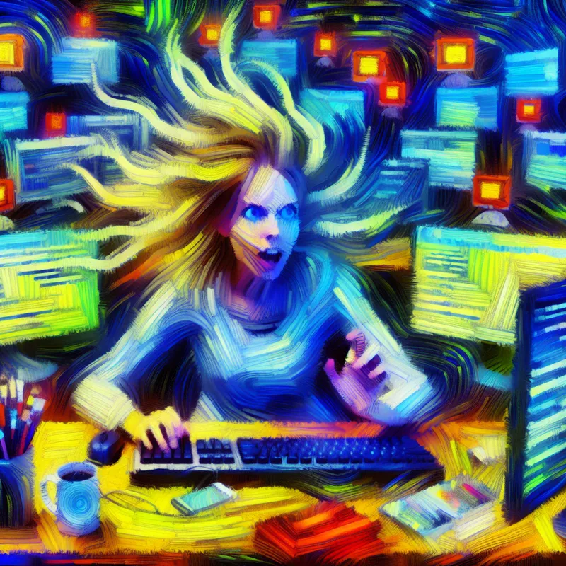 Vrouwelijke programmeur aan een bureau met kleurrijke computerschermen en tech gadgets.