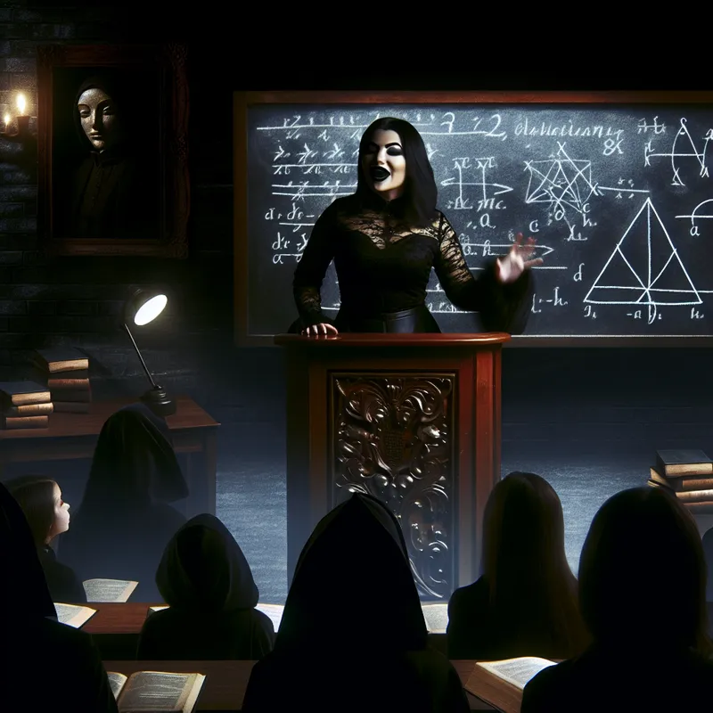 Vrouwelijke lerares presenteert theorie voor een zwartebord in een sfeervolle donkere klas.
