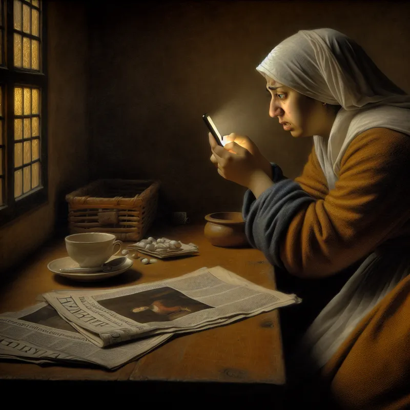 Vrouw leest bezorgd op smartphone in kamer in Vermeer-stijl