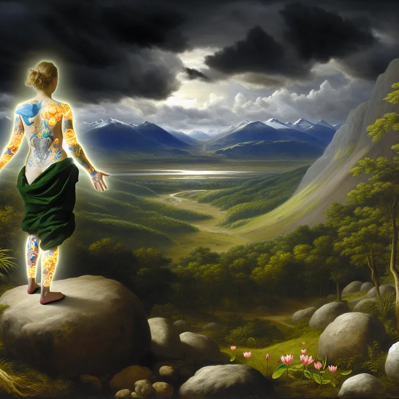 Vrouw met ingewikkelde tatoeages op een rotsachtige klif, kijkend over een uitgestrekte vallei onder een stormachtige lucht.