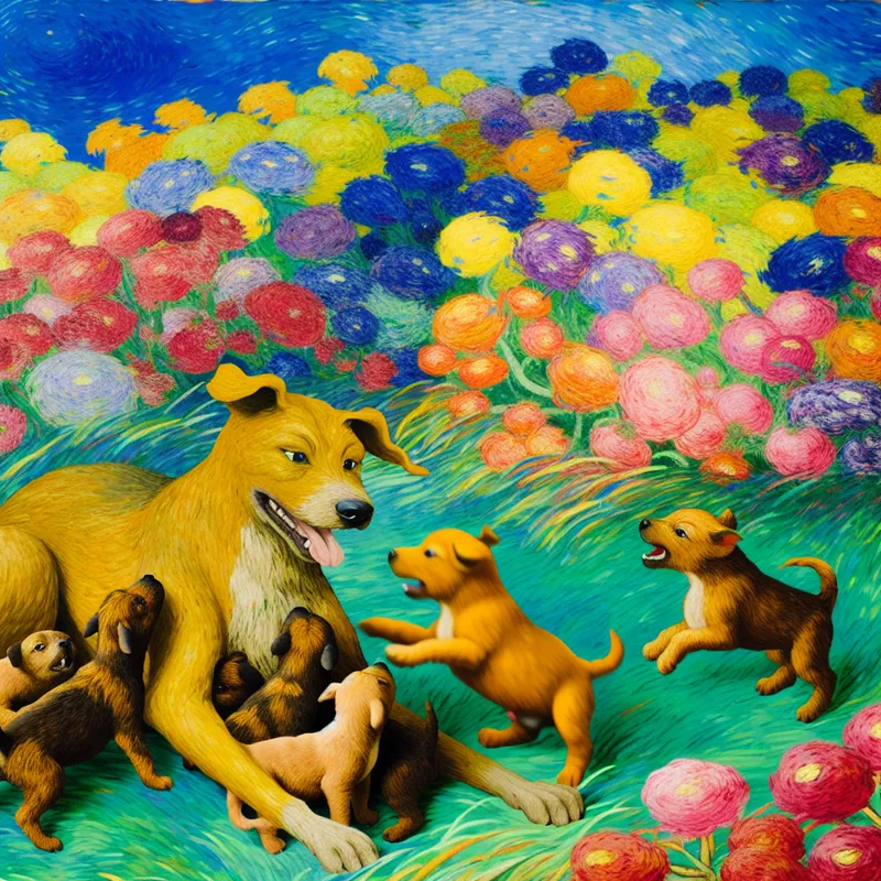Vrouwelijke hond zorgt liefdevol voor haar speelse pups in een kleurrijke tuin met bloemen.
