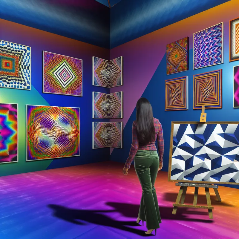 Surrealistische afbeelding van een vrouwelijke kunstenaar in een kleurrijke studio met abstracte schilderijen.