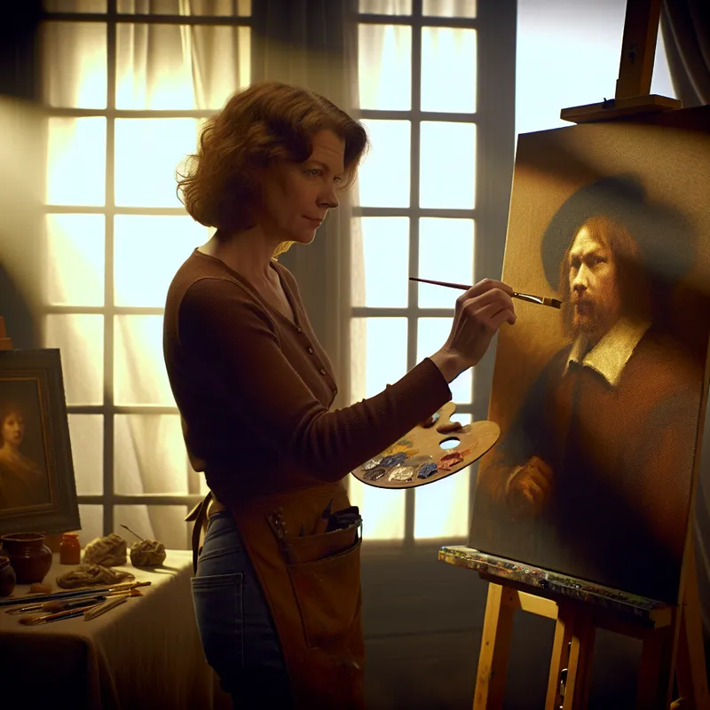Een vrouwelijke kunstenaar schildert een portret in haar studio, omgeven door warm licht en schaduwen, met een palette in de hand.