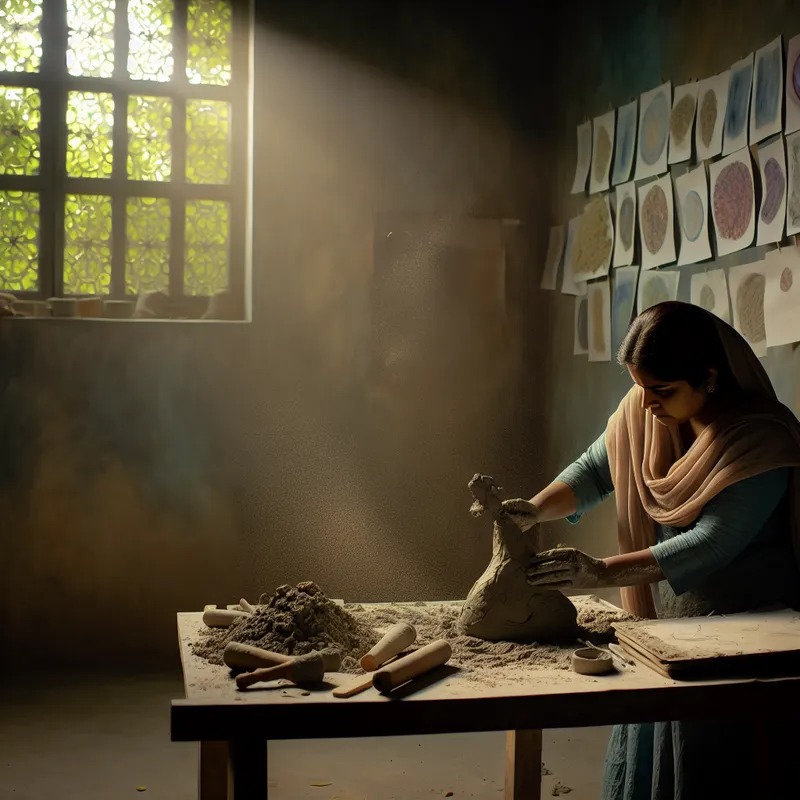 Een vrouwelijke kunstenaar die een abstracte sculptuur uit klei aan het vormen is in een zacht verlichte studio