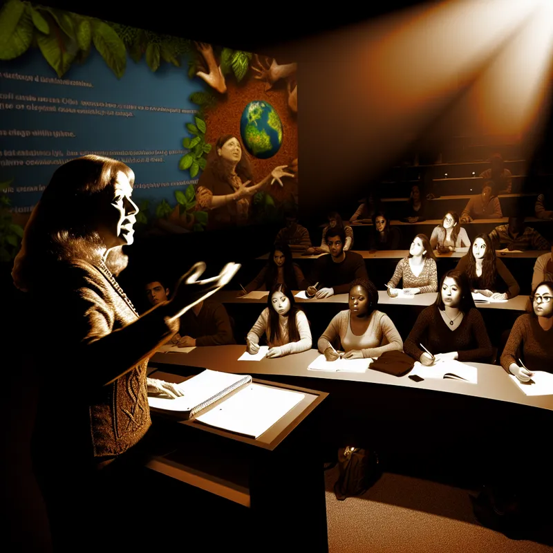 Een vrouwelijke lecturer geeft een inspirerende lezing over duurzaamheid in een collegezaal met toegankelijke studenten.