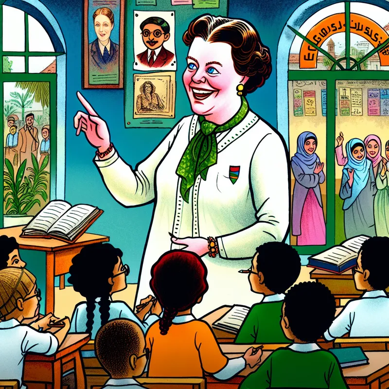 Een cartoonachtige afbeelding van een enthousiaste vrouwelijke lerares die lesgeeft aan een groep kinderen in een kleurrijk klaslokaal.