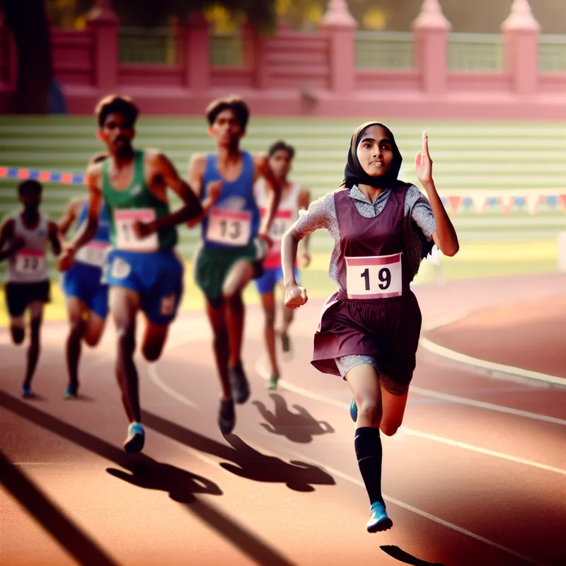 Vrouwelijke loper die als eerste de finishlijn oversteekt met een vastberaden blik.