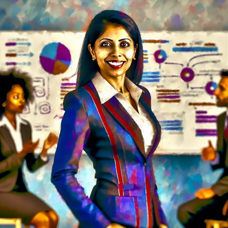 Portret van een zelfverzekerde vrouw in een zakelijke omgeving, gekleed in formele kleding, voor een whiteboard met diagrammen.