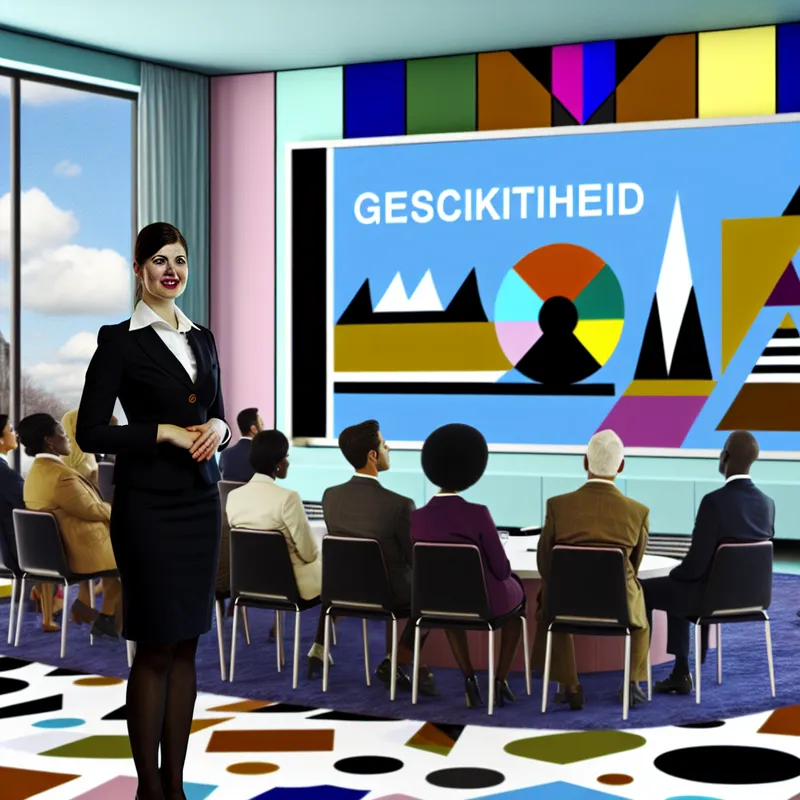 Een vrouw presenteert stijlvolle slides in een retro-futuristische conferentiekamer